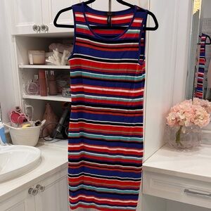 Marc Cain Striped Sleeveless Midi Dress in Navy, Red, Teal, Black, and White
